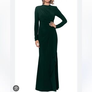 NEW Betsy & Adam Forest Green Ruffled Sheath Long Sleeve Floor length Dress
